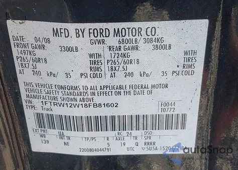 2008 Ford F-150 60Th Anniversary/Fx2/Xl/Xlt z USA, uszkodzony, nr VIN 1FTRW12W18FB81602